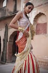Etasha by Asha Jain_Orange Silk, Georgette Sequins, Embroidery V-neck Burnt Fusion Lehenga Set _Online_at_Aza_Fashions