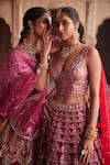 Buy_Etasha by Asha Jain_Maroon Tulle Sequins, Embroidery V-neck Fusion Lehenga Set _Online_at_Aza_Fashions
