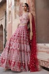 Etasha by Asha Jain_Maroon Tulle Sequins, Embroidery V-neck Fusion Lehenga Set _at_Aza_Fashions