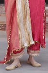 Etasha by Asha Jain_Coral Silk, Tissue Pom-poms V-neck Textured Metallic Pink Kurta Set _Online_at_Aza_Fashions