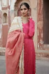 Buy_Etasha by Asha Jain_Coral Silk, Tissue Pom-poms V-neck Textured Metallic Pink Kurta Set _Online_at_Aza_Fashions