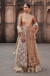 Buy_Etasha by Asha Jain_Rust Tissue Embroidery, Beads, Sequins Boat Textured Metallic Kurta Lehenga _at_Aza_Fashions