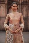 Shop_Etasha by Asha Jain_Rust Tissue Embroidery, Beads, Sequins Boat Textured Metallic Kurta Lehenga _at_Aza_Fashions