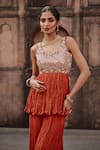 Etasha by Asha Jain_Orange Tissue, Silk Sequins, Embroidery Round Neck Designer Kurta Palazzo Set _Online_at_Aza_Fashions