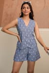 B'Infinite_Blue Denim Embroidery V-neck Waistcoat And Shorts Set _Online_at_Aza_Fashions