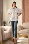 B'Infinite_Beige Cotton Collared Printed Puff Sleeve Shirt _Online_at_Aza_Fashions