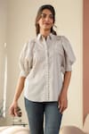 Shop_B'Infinite_Beige Cotton Collared Printed Puff Sleeve Shirt _Online_at_Aza_Fashions
