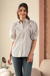 Buy_B'Infinite_Beige Cotton Collared Printed Puff Sleeve Shirt _at_Aza_Fashions