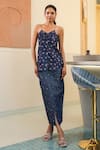 Buy_B'Infinite_Blue Denim Embroidery Bandeau Neck Floral Top And Skirt Set _at_Aza_Fashions