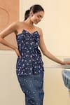B'Infinite_Blue Denim Embroidery Sweetheart Neck Floral Bow Top _at_Aza_Fashions