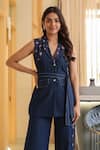 Shop_B'Infinite_Blue Denim Embroidery Designer Blazer Set _Online_at_Aza_Fashions