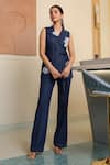 Buy_B'Infinite_Blue Denim Embroidery Lapel Collar Blazer Pant Set _at_Aza_Fashions
