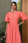 Buy_B'Infinite_Orange Cotton V-neck Puff Sleeve Midi Dress _Online_at_Aza_Fashions