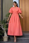 Buy_B'Infinite_Orange Cotton V-neck Puff Sleeve Midi Dress _at_Aza_Fashions