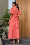 Shop_B'Infinite_Orange Cotton V-neck Puff Sleeve Midi Dress _at_Aza_Fashions