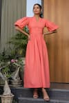 B'Infinite_Orange Cotton V-neck Puff Sleeve Midi Dress _at_Aza_Fashions