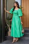 Shop_B'Infinite_Green Cotton Square Neck Midi Dress _Online_at_Aza_Fashions