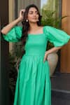 B'Infinite_Green Cotton Square Neck Midi Dress _at_Aza_Fashions