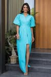 B'Infinite_Blue Cotton V-neck Designer Maxi Dress _at_Aza_Fashions