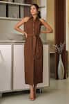 Buy_B'Infinite_Brown Cotton Collared Midi Dress _at_Aza_Fashions