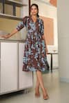 Buy_B'Infinite_Brown Cotton V-neck Floral Print Midi Dress _at_Aza_Fashions