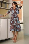 Buy_B'Infinite_Brown Cotton V-neck Floral Print Midi Dress _Online_at_Aza_Fashions