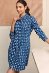 B'Infinite_Blue Cotton Collared Printed Designer Dress _at_Aza_Fashions
