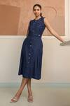 B'Infinite_Blue Denim Round Neck Midi Dress _Online_at_Aza_Fashions