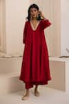 Buy_Avaha_Red Silk, Cotton Embroidery V-neck Reet Kalidaar Dola Kurta Set _at_Aza_Fashions