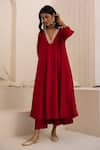 Avaha_Red Silk, Cotton Embroidery V-neck Reet Kalidaar Dola Kurta Set _Online_at_Aza_Fashions