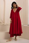 Buy_Avaha_Red Silk, Cotton Embroidery V-neck Reet Kalidaar Dola Kurta Set _Online_at_Aza_Fashions
