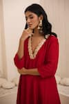 Avaha_Red Silk, Cotton Embroidery V-neck Reet Kalidaar Dola Kurta Set _at_Aza_Fashions