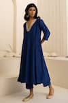 Avaha_Navy Silk, Cotton Embroidery V-neck Blue Kalidaar Dola Kurta Set _Online_at_Aza_Fashions