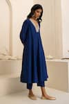 Avaha_Navy Silk, Cotton Embroidery V-neck Blue Kalidaar Dola Kurta Set _at_Aza_Fashions