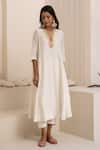 Buy_Avaha_Ivory Silk, Cotton V-neck Dola Anarkali Kurta Set _at_Aza_Fashions
