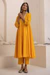 Shop_Avaha_Yellow Silk, Cotton Sequins V-neck Kali Kalidaar Dola Kurta Set _Online_at_Aza_Fashions