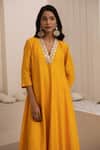 Avaha_Yellow Silk, Cotton Sequins V-neck Kali Kalidaar Dola Kurta Set _at_Aza_Fashions