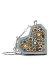 Buy_Anaar_Gray Beads, Fabric Flowers Heart Shaped Designer Satin Clutch _at_Aza_Fashions