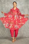 Tanu Malhotra_Pink Cotton, Silk Embroidery Collared Hot Printed High Low Kurta Set _at_Aza_Fashions