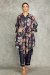 Buy_Tanu Malhotra_Blue Cotton, Silk Split V-neck Printed High Low Kurta Set _Online_at_Aza_Fashions
