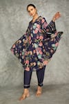 Tanu Malhotra_Blue Cotton, Silk Split V-neck Printed High Low Kurta Set _at_Aza_Fashions