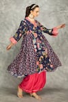 Buy_Tanu Malhotra_Blue Cotton, Silk, Georgette Embroidery V-neck Side Panel Buti Kurta Set _Online_at_Aza_Fashions
