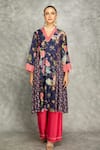 Tanu Malhotra_Blue Cotton, Silk, Georgette Embroidery V-neck Side Panel Buti Kurta Set _at_Aza_Fashions