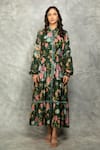 Buy_Tanu Malhotra_Green Cotton, Silk Embroidery Collared Floral Printed Midi Dress _at_Aza_Fashions