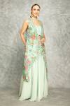 Tanu Malhotra_Green Organza, Georgette Embroidery, Mirrors Round Turquoise Cape Skirt Set _at_Aza_Fashions