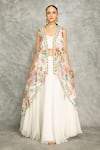 Shop_Tanu Malhotra_White Organza, Georgette Embroidery Round Neck Peach Mirror Cape Skirt Set _at_Aza_Fashions