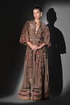 Buy_Nikita Mhaisalkar_Brown Silk, Crepe V-neck Geometric Print Maxi Dress _at_Aza_Fashions