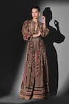 Nikita Mhaisalkar_Brown Silk, Crepe V-neck Geometric Print Maxi Dress _Online_at_Aza_Fashions