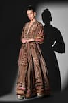 Buy_Nikita Mhaisalkar_Brown Silk, Crepe V-neck Geometric Print Maxi Dress _Online_at_Aza_Fashions