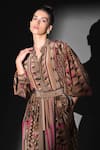 Nikita Mhaisalkar_Brown Silk, Crepe V-neck Geometric Print Maxi Dress _at_Aza_Fashions